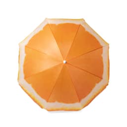 An orange-themed umbrella featuring a design resembling an orange slice, with bright orange and white colours.
