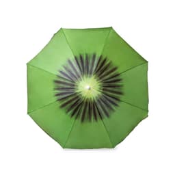 A green umbrella featuring a radial design in darker green tones and a central button. It has a logo on the top.