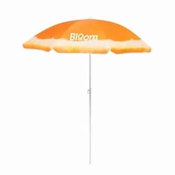 An orange beach umbrella with a white pole and a logo on top.