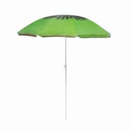 A green beach umbrella with a white pole, featuring a pattern on the canopy.