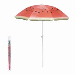 A beach umbrella featuring a watermelon design with shades of red and green, supported by a white pole.