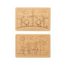 Two cardboard puzzles featuring outlined drawings of a landscape with wind turbines and a boy and girl in a park.