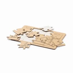 A puzzle featuring wooden pieces depicting a landscape with clouds and wind turbines. It has a natural brown finish.