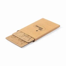 A flat, brown cardboard folder with illustrated cards partially visible inside. It has a logo on the front.