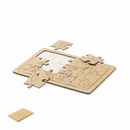 A wooden puzzle featuring a partially completed scene with puzzle pieces scattered around. The design includes trees and a sun.