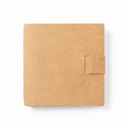 A square, brown kraft notebook with a clasp closure. It has a simple, unadorned design.