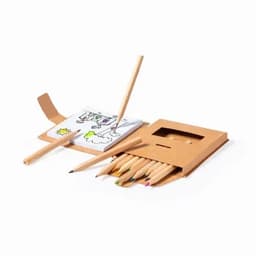 A set of coloured pencils in a brown cardboard holder, with a drawing pad and a pencil included.