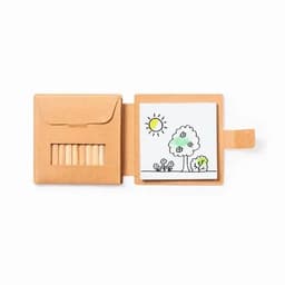 A set of coloured pencils in a tan leather holder, alongside a small sketch pad featuring a simple drawing.
