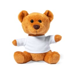 A plush teddy bear in orange-brown, wearing a plain white shirt, sitting upright with a friendly expression.