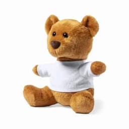 A plush teddy bear in brown, wearing a plain white shirt, sitting with arms outstretched.