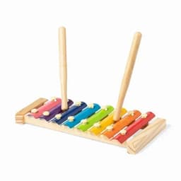 A colourful wooden xylophone with two mallets, featuring vibrant bars in various shades of purple, blue, green, yellow, orange, and red.