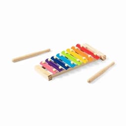 A rainbow xylophone with wooden bars in various colours, accompanied by two mallets.