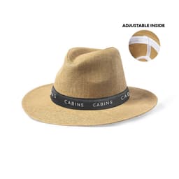 A tan straw hat with a black band featuring the word "CABINS" and an adjustable inner design.