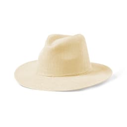 A straw hat in a light beige colour with a wide brim and a structured crown.