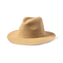 A straw hat in a light beige colour with a wide brim and a slightly wrinkled texture. It features a simple design.