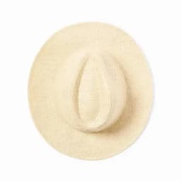 A straw hat in a light beige colour with a wide brim and a rounded crown.