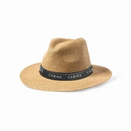 A straw hat in a natural tan colour with a black band featuring repeated text. The hat has a wide brim.