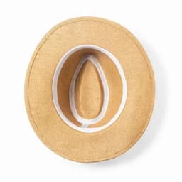 A straw hat in a light tan colour, featuring a white inner band and a classic wide-brim design.