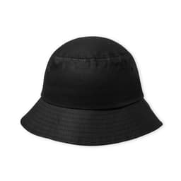 A black bucket hat with a rounded top and a wide, downward-sloping brim.