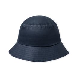 A bucket hat in a navy blue colour with a soft fabric texture and a wide brim. It features ventilation holes.
