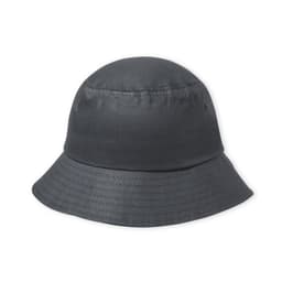 A bucket hat in dark grey, featuring a wide brim and a simple design. It has ventilation holes on the sides.