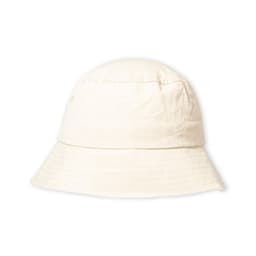 A cream bucket hat with a wide brim and a soft fabric finish, featuring gathered detailing on the crown.