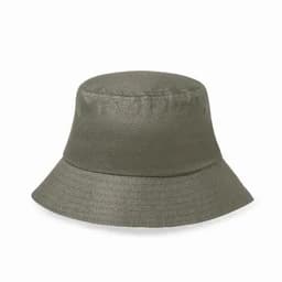 A bucket hat in olive green with a wide brim and textured fabric. It features two ventilation holes on the sides.