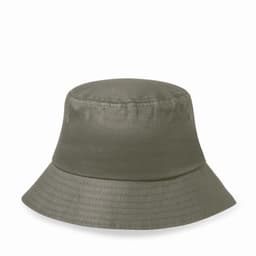 A bucket hat in olive green with a wide brim and a smooth fabric finish. It features a small logo on the side.