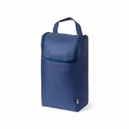 A drink bottle holder in dark navy with a structured design and a flap closure. It features a handle for carrying.