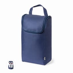 A drink bottle in navy blue with a zippered closure and a handle for easy carrying. Includes a logo on the side.