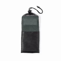 A drink bottle pouch in black and mesh design with a drawstring closure, featuring a logo.
