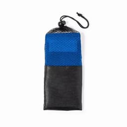 A drink bottle in a mesh and black pouch, featuring a blue and black design with a drawstring closure.