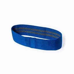A blue fitness band with a textured design and a solid strap. It features a logo on one side.