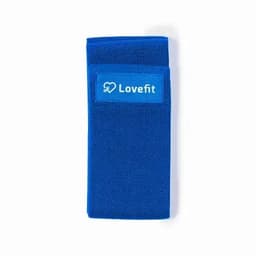 A blue fitness accessory with a pocket and a logo. The fabric appears textured and durable.