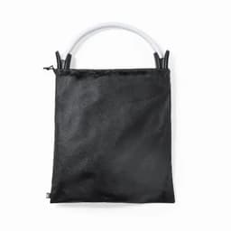 A black tote bag with a white handle and zip closure, featuring a simple, textured design.