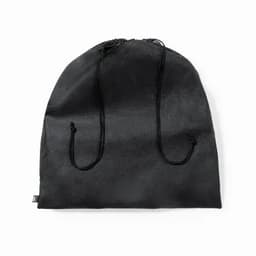 A black drawstring bag with two cords, featuring a simple design and a logo on one side.