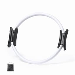 A fitness ring in white with black handles, accompanied by a black tote bag.
