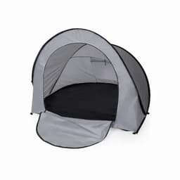 A grey pop-up tent featuring a black interior and an open entrance, designed for easy setup and portability.