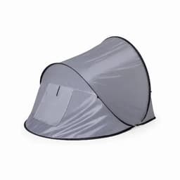 A grey pop-up tent with a rounded structure and a small entrance flap. It features a sleek, glossy finish.