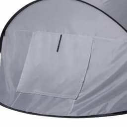 A grey pop-up tent featuring a large front pocket, designed for easy access and storage. The tent has a simple structure.