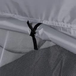 A grey tent fabric featuring a black tie and mesh section, designed for ventilation and protection.
