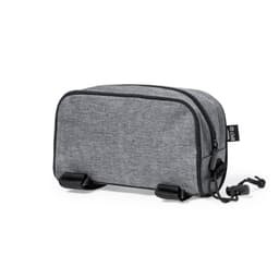 A grey zipper pouch with a textured finish and a small branding tag. It features a compact design and sturdy closures.