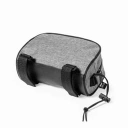 A grey and black storage bag with straps, featuring a textured fabric and a cinch closure.