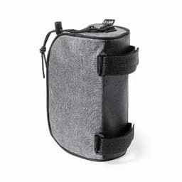 A drink bottle holder in grey fabric and black accents, featuring two straps for attachment and a small logo.