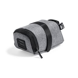 A grey fabric pouch with a zip closure and a black strap, featuring a small logo.