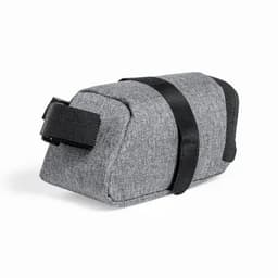 A grey promotional product bag with a black strap, featuring a soft, textured fabric.