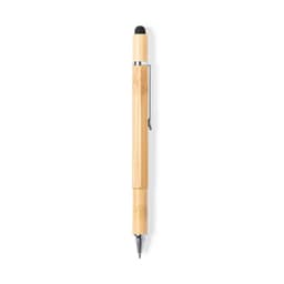 A bamboo pen featuring a sleek design, with a silver clip and a touch screen stylus tip.
