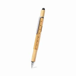A bamboo pen with a stylus tip, featuring a ruler design along its barrel, in a natural wood finish.