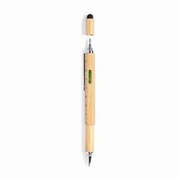 A bamboo multi-tool featuring a pen, ruler, and level, with a capped end. The natural colour of the bamboo is prominent.