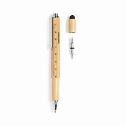 A bamboo pen with a ruler and removable cap, featuring a black grip. The pen has a sleek, natural finish.